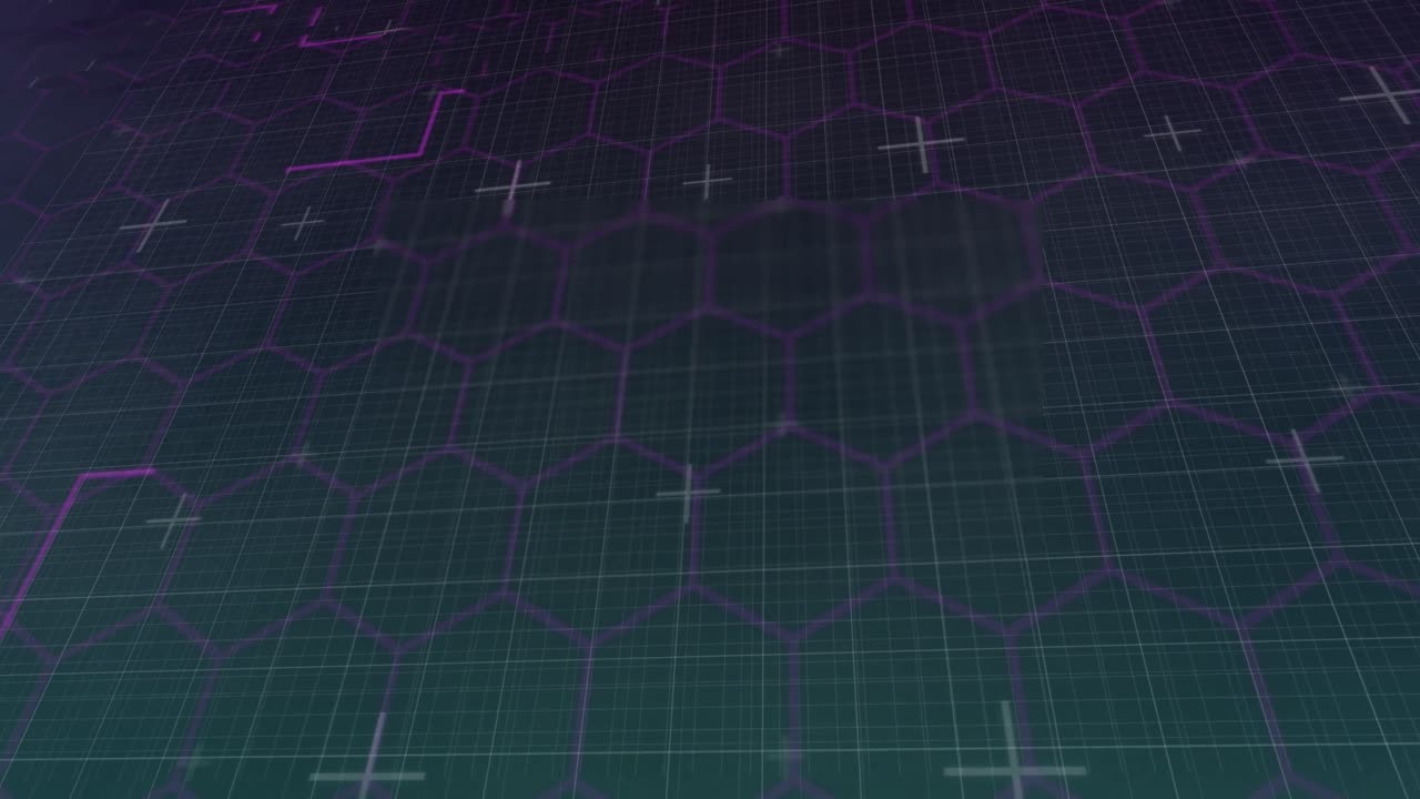 검은색 배경에 보라색 육각형과 빛의 트레일의 네트워크의 애니메이션