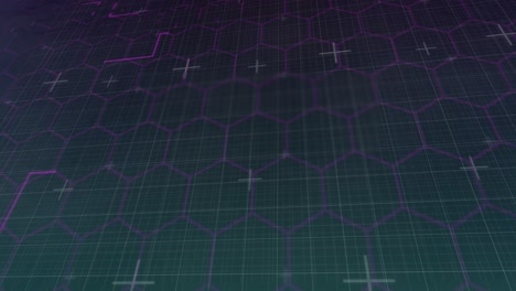 Animation-of-network-of-purple-hexagons-and-light-trails-on-black-background