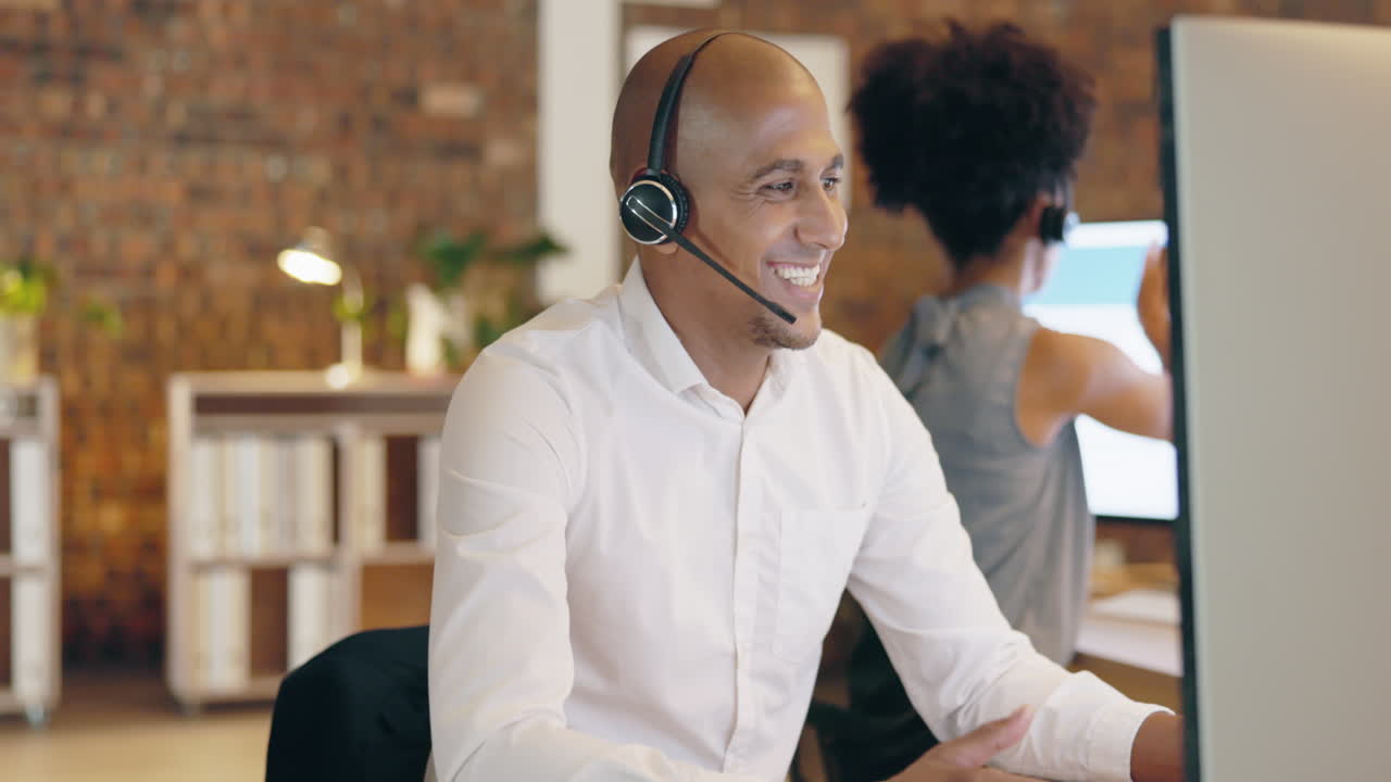 Call center, man and talking on computer