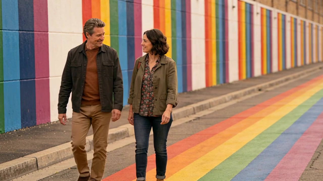 Walking couple exchanging smiles and words while camera closing in on rainbow lane, passing mural