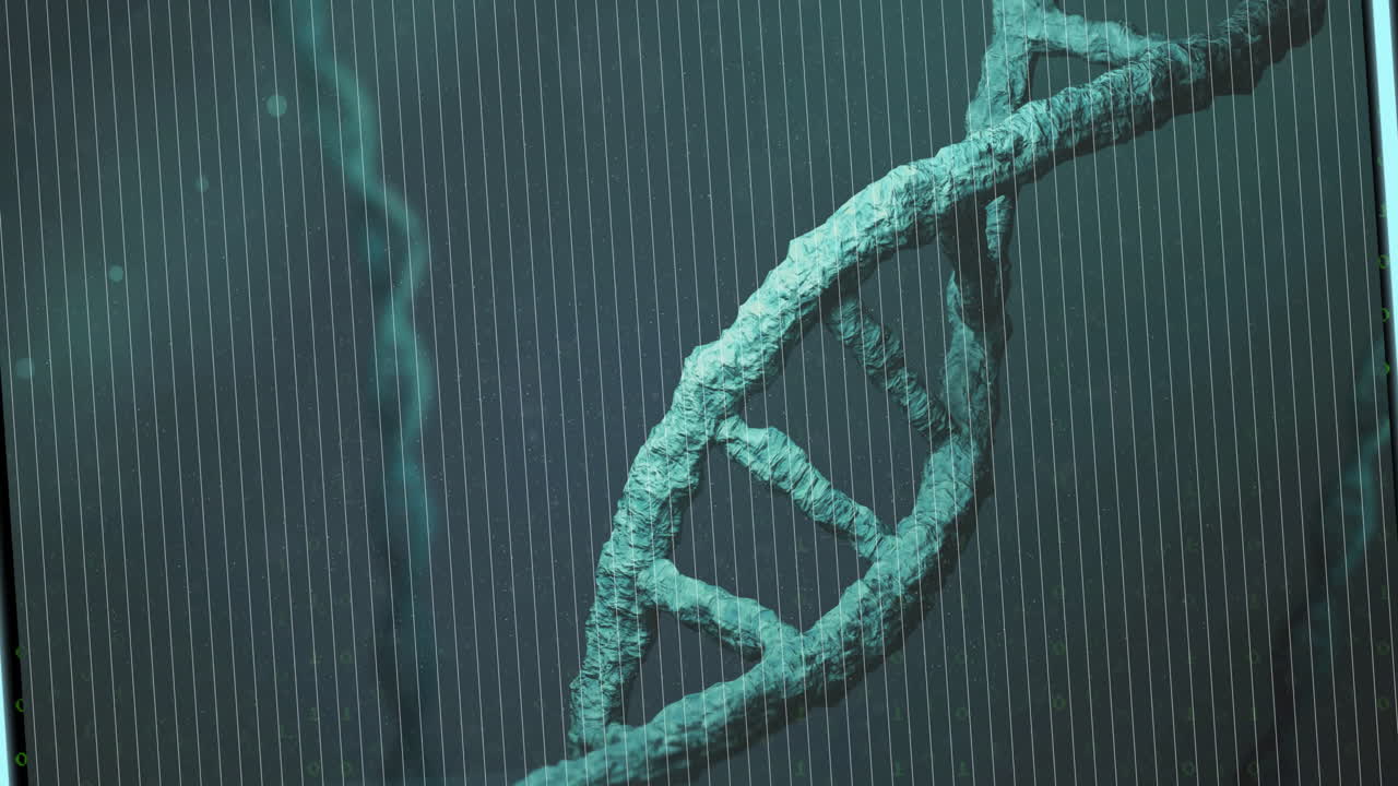 Animation of digital interface with data processing and dna strand on black background