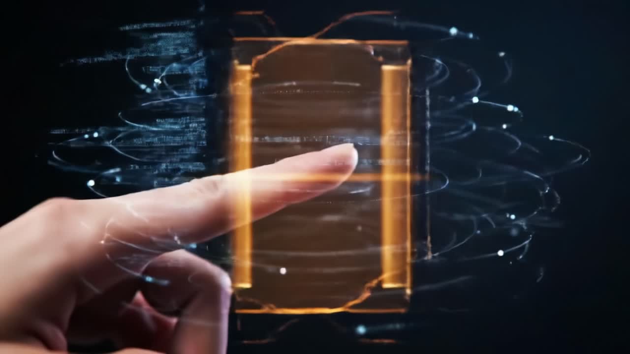 Futuristic Interaction: A Hand Engages with a Digital Interface Surrounded by Flowing Data and Light, Exploring the Connection Between Human Touch and Technology