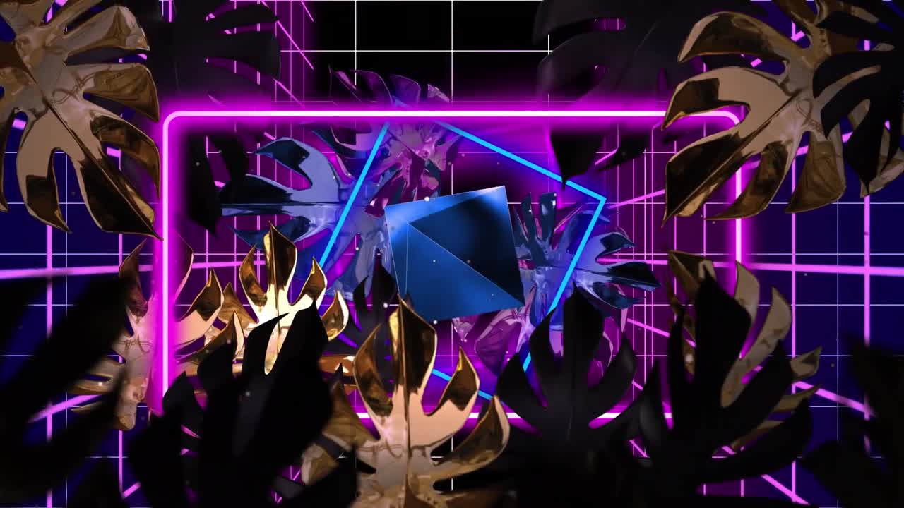 검은색 배경에 움직이는 잎과 네온 모양의 애니메이션