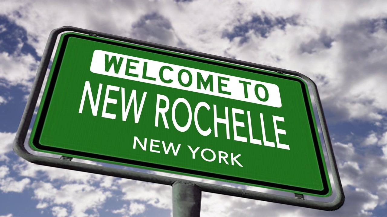 Welcome to New Rochelle, New York. USA City Road Sign Close Up, Realistic 3d Animation