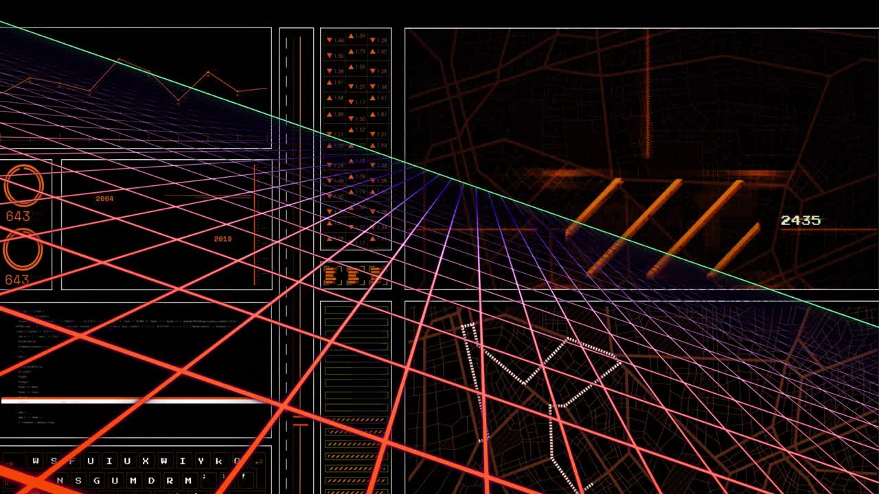 Animation of graph, loading circles, navigation pattern over grid pattern against black background