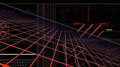 Animation-Des-Diagramms,-Ladekreise,-Navigationsmuster-über-Gittermuster-Vor-Schwarzem-Hintergrund