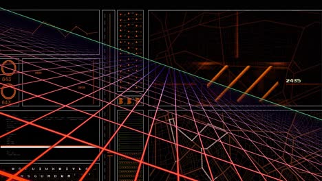Animation of graph, loading circles, navigation pattern over grid pattern against black background