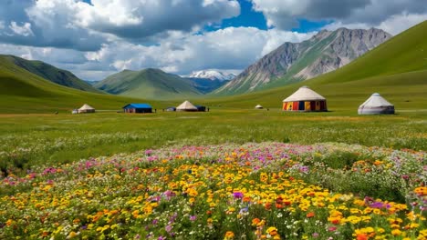 a field of colorful flowers in front of a group of yurts in the mountains