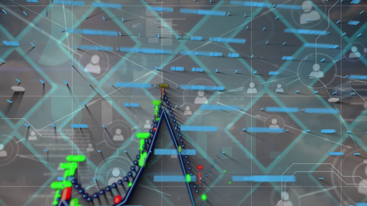 연결 네트워크의 애니메이션과 하늘 위의 세계 지도 및 디지털 인터페이스