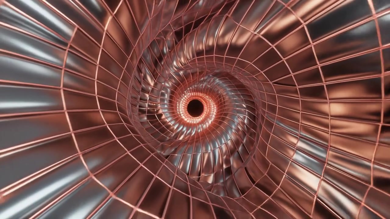 Animación 3D abstracta de un túnel espiral metálico giratorio