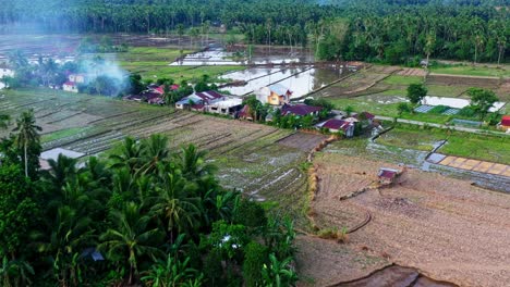 aerial view of wet rice farms in the province of saint bernard southern leyte, phillippines - orbital drone shot