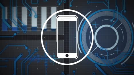 animation of smartphone icon, digital data processing over computer circuit board