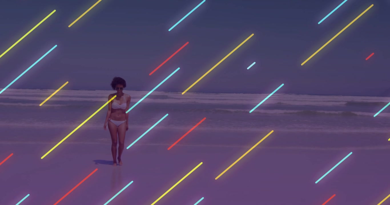 Vertical video: Woman starting shoreward toward camera at dusk, neon streaks overlaying for content