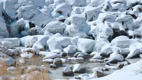 snow-capped frozen rocks and mountain stream water on sunny winter day