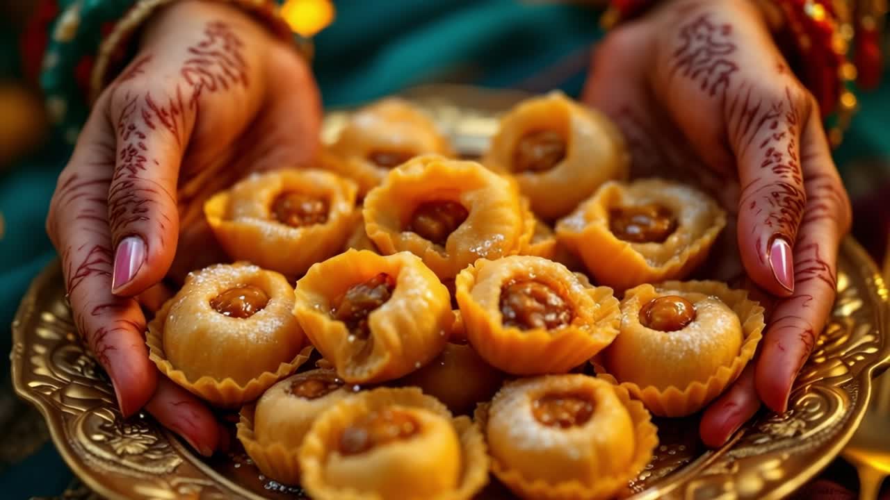Hands gracefully presenting a beautifully arranged platter of traditional sweets, showcasing intricate details and textures, capturing the essence of celebration and culinary artistry