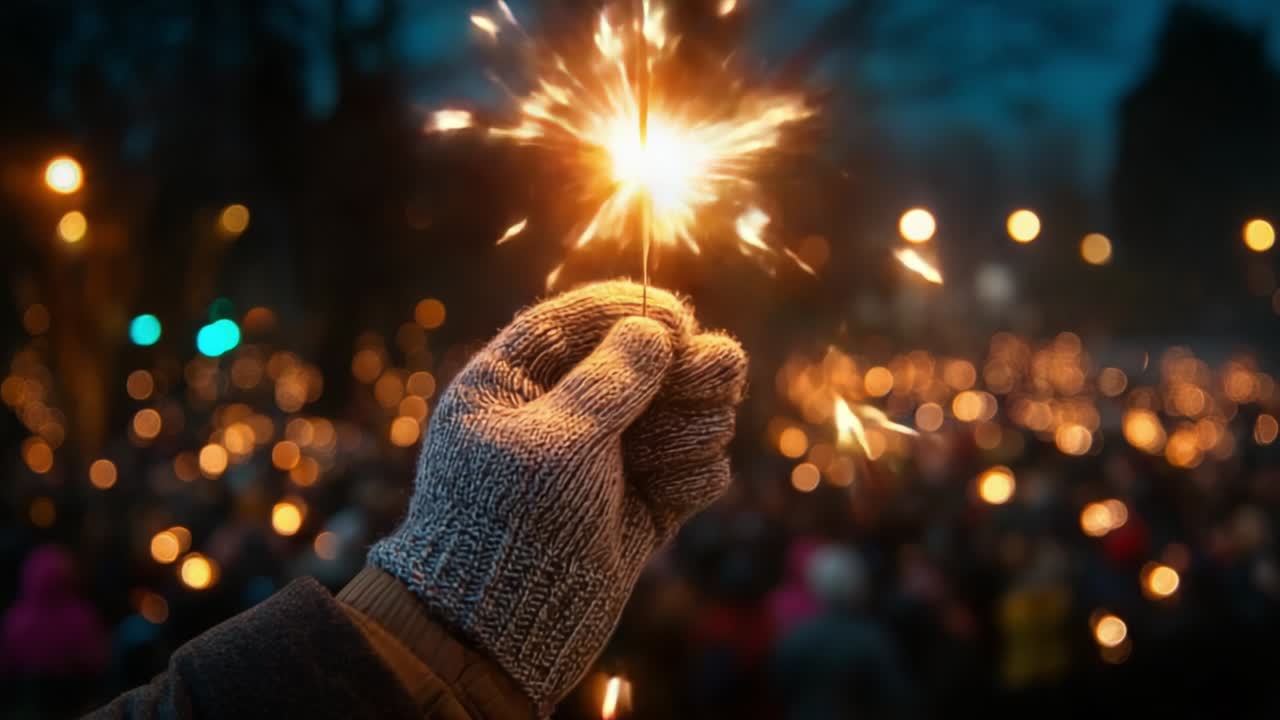 A Hand Holding a Sparkler Against a Crowded Background of Glowing Lights, Capturing the Joy and Celebration in the Air as Sparkles Illuminate the Night, Symbolizing Hope, Togetherness, and Festivity
