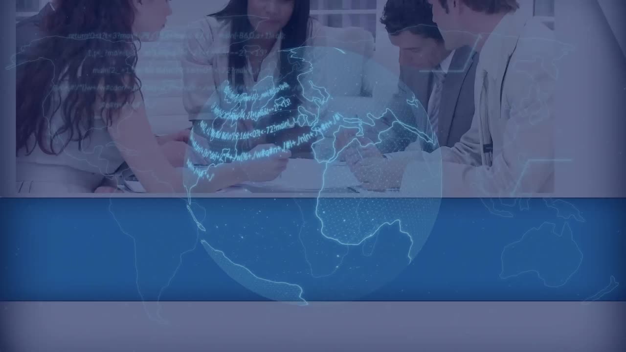 데이터 프로세싱의 애니메이션과 다양한 사업가들이 작업에 대해 논의하는 세계