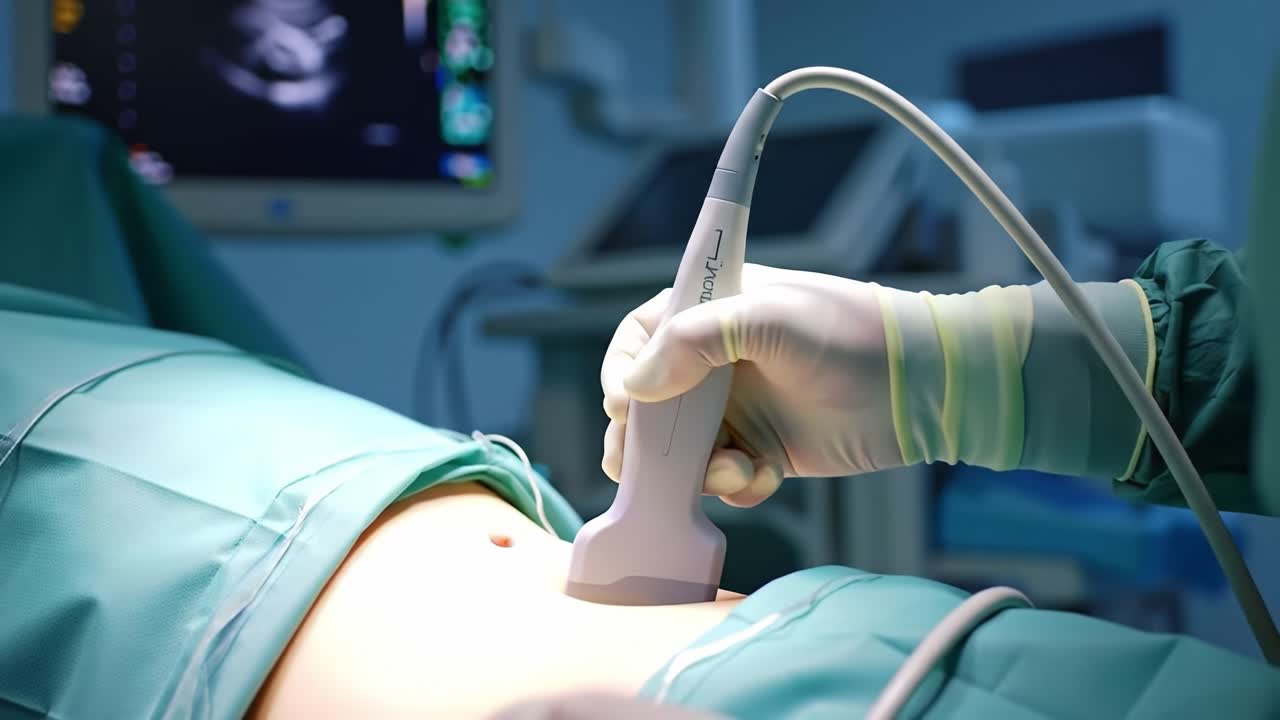 Medical Ultrasound Procedure: A Close Look at an Abdominal Examination with advanced imaging technology, highlighting precision and care in a clinical environment.