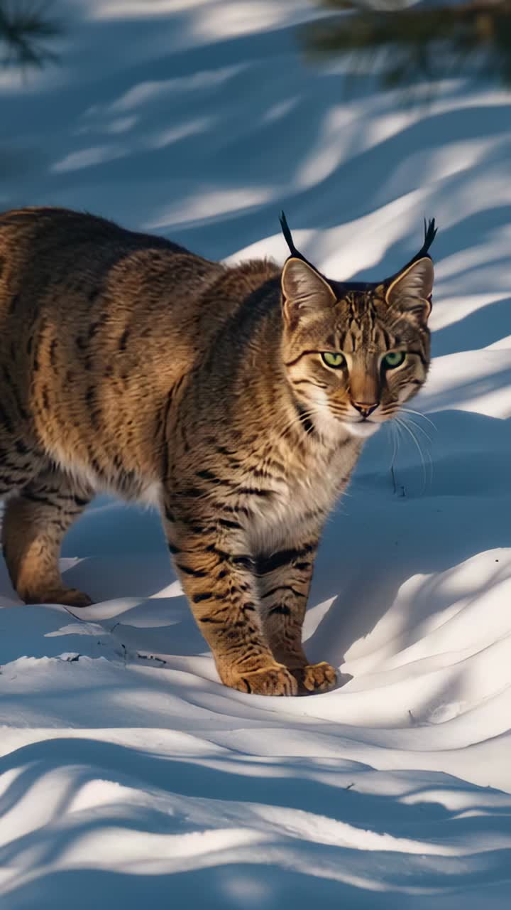 Video verticale: un gatto selvatico con ciuffi sulle orecchie che fissa la fotocamera in una foresta con ombre