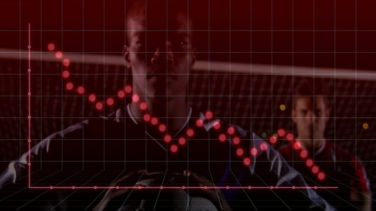 Animation of fluctuating data points over person holding soccer ball near goalpost