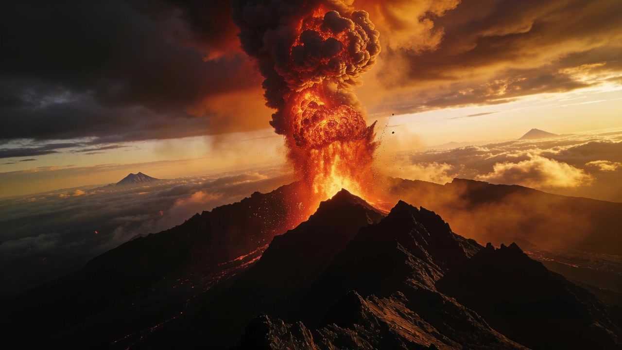Magma che sale dalla cima vulcanica che erutta e invia una colonna di cenere al tramonto, con colate di lava incandescenti.
