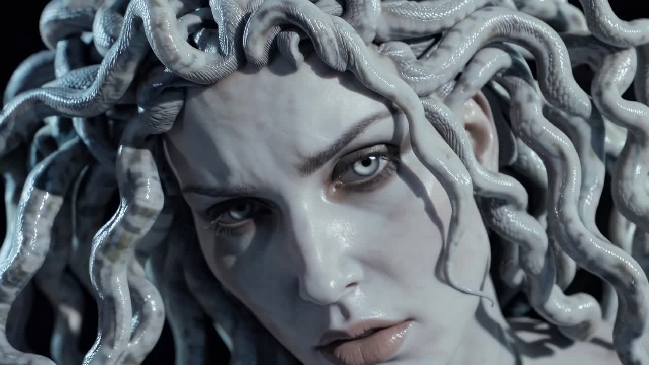 Serpent haired Medusa glaring menacingly, mythical gorgon wielding petrifying stare against shadowy dramatic backdrop, embodying ancient Greek legendary power