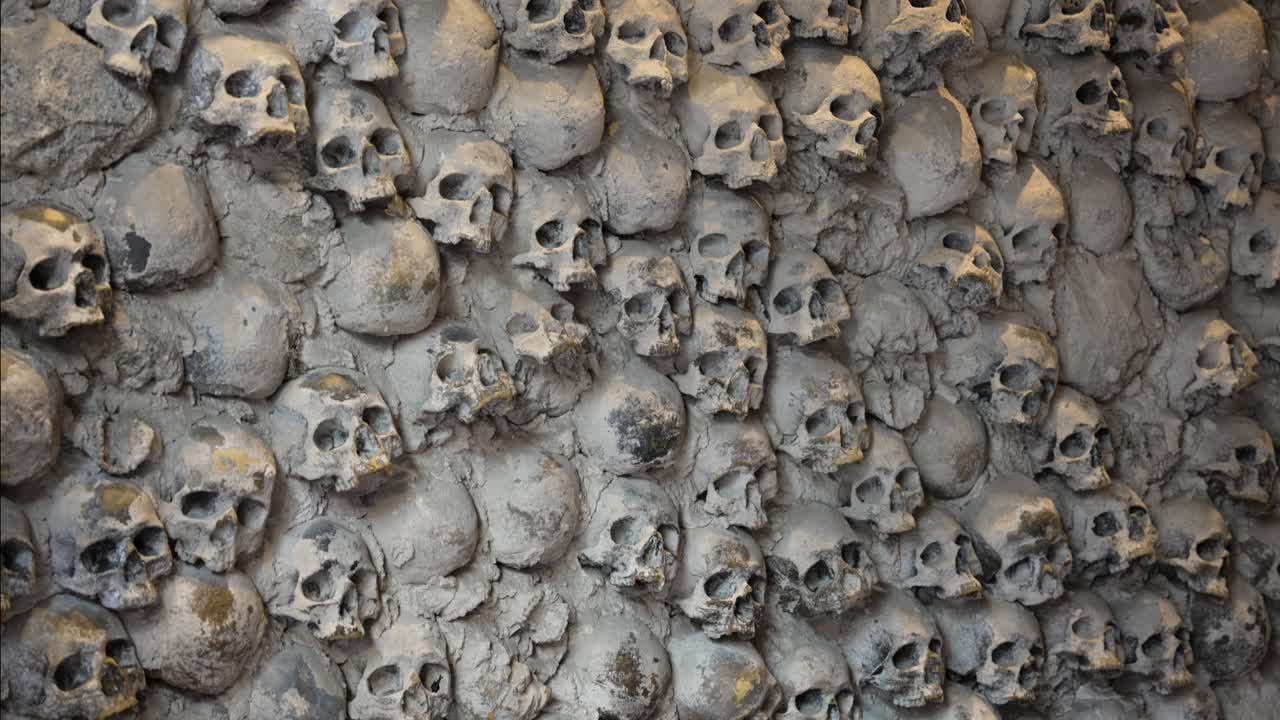 Skull wall creates eerie atmosphere in Liguria, Italy on Riviera di Levante