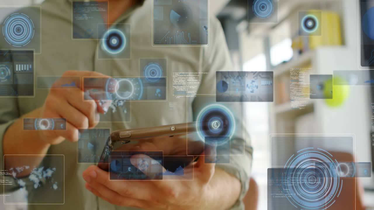 Mid-adult man holding tablet in office, tablet emitting UI panels and tapping nodes for tech