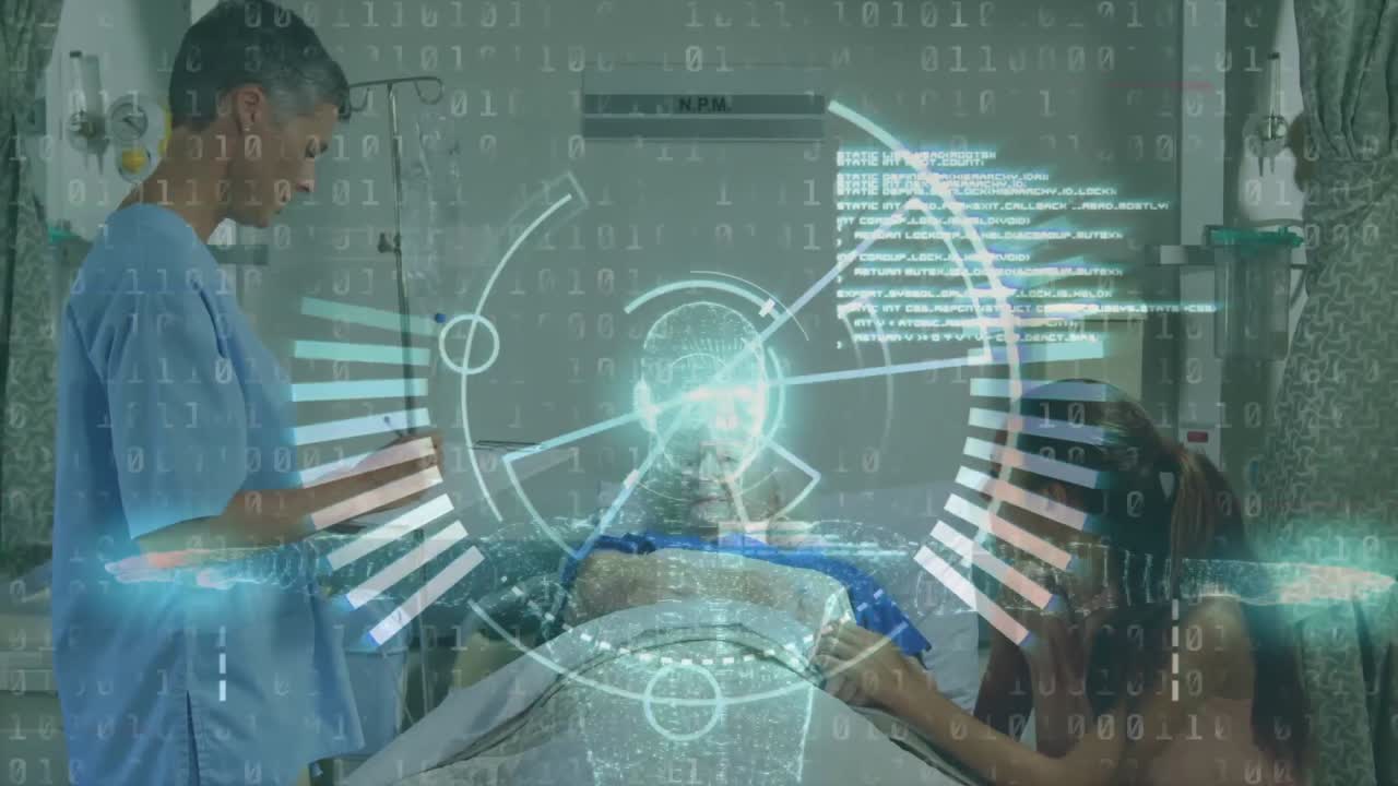 병원 침대에 누워있는 노인 환자에 대한 범위 스캔 및 의료 데이터 처리