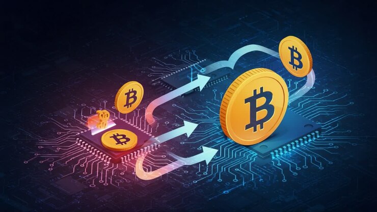 Esplorando il movimento dinamico delle criptovalute: rappresentazione visiva di Bitcoin che scorre attraverso circuiti e reti digitali in un ambiente futuristico.