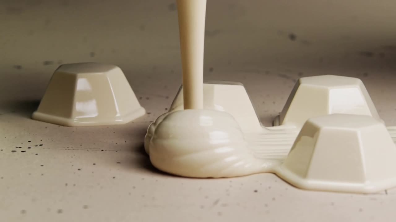 Pouring creamy liquid contacting speckled countertop, forming spiral mound to fill hex molds
