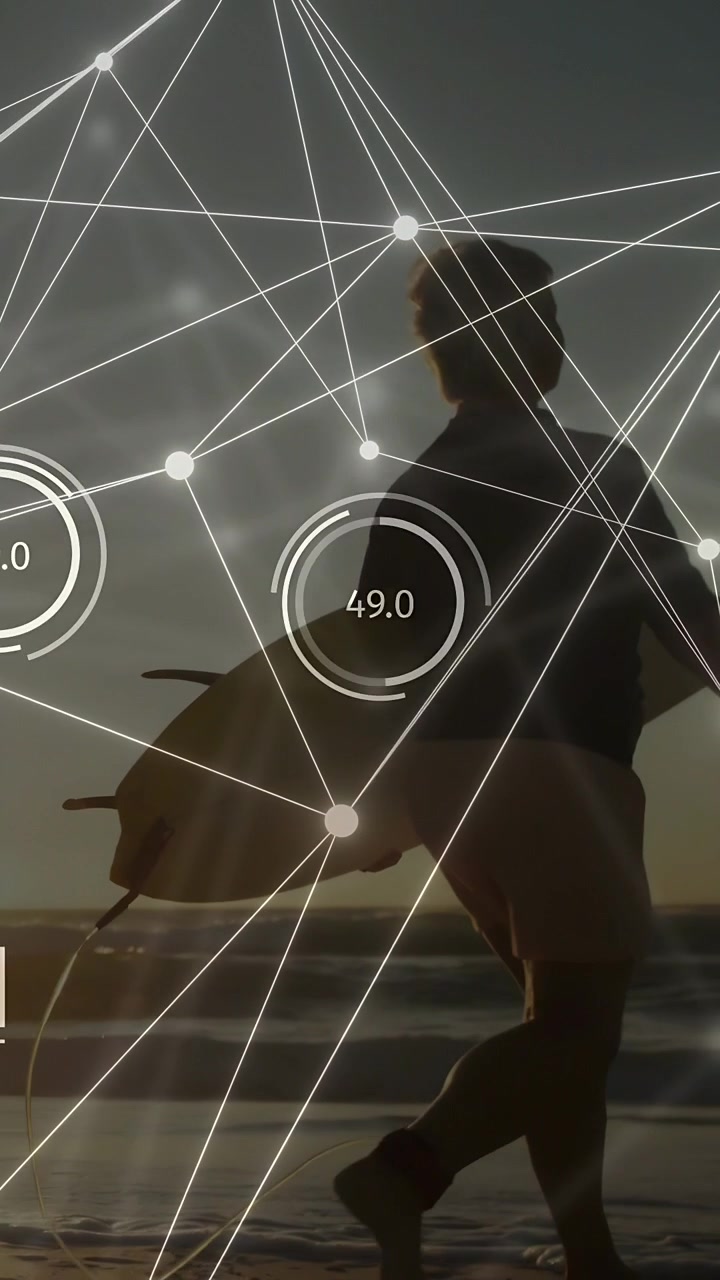 Vertical video: Senior woman holding board walking shore starting tech HUD nodes tracking balance