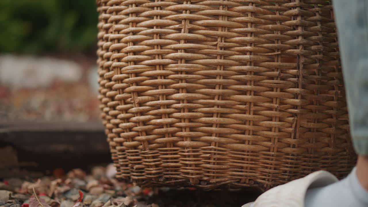 Closeup sneaker on pebbles beside wicker basket, denim leg and textured gravel path, soft autumn light, quiet anticipation of foraging, gentle rustic mood and tactile weave detail