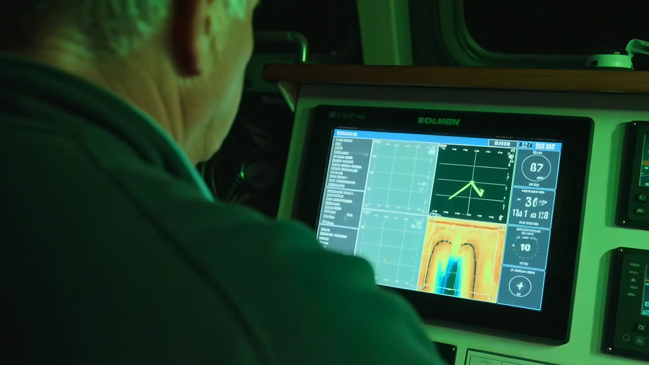 Man Monitoring Digital Navigation Screen on a Boat at Night
