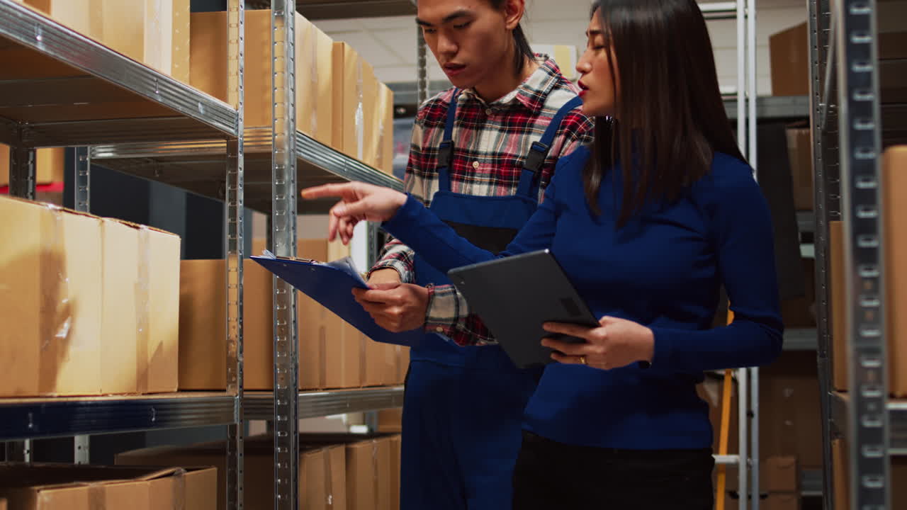 Warehouse inventory check with Asian employees