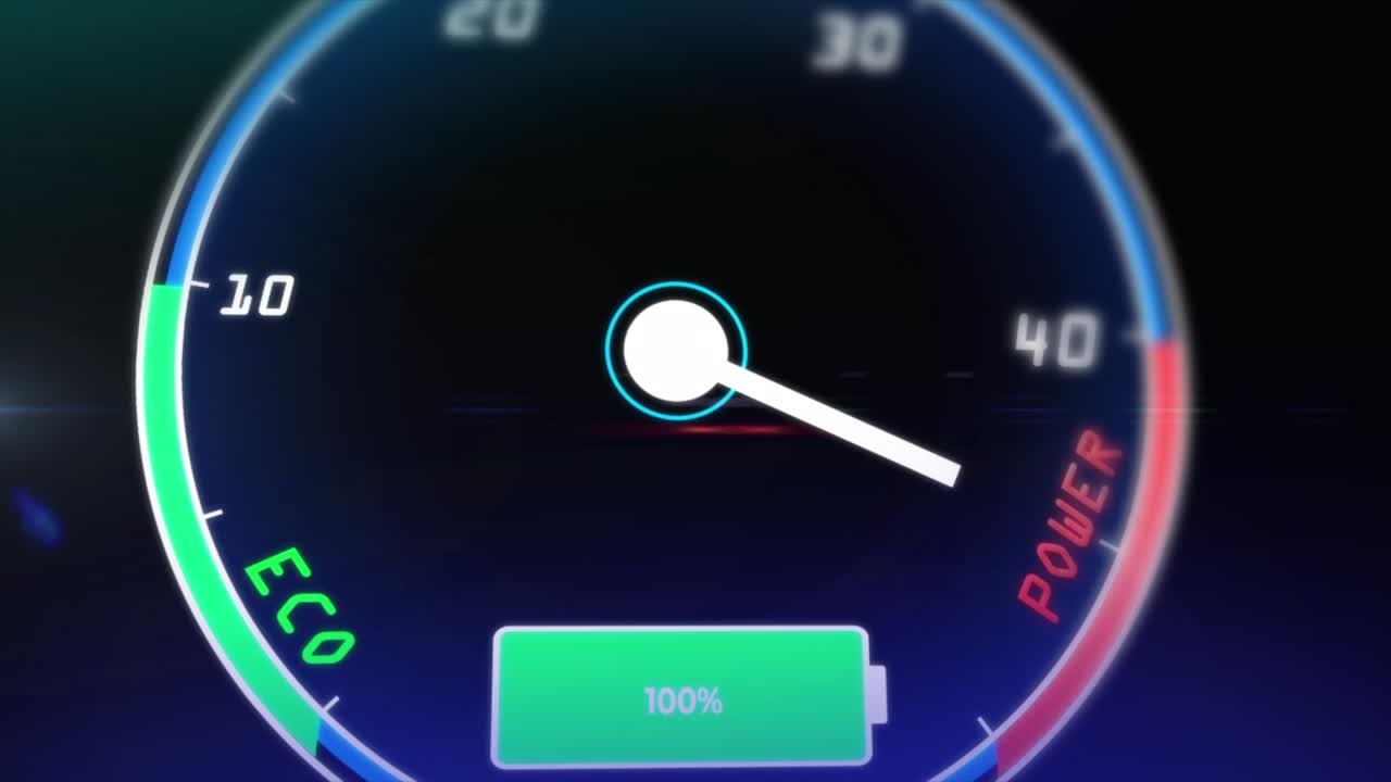 3D rendering animation. Electric car dashboard display. Electric car charging indicating the progress of the charging, electric vehicle battery indicator showing an increasing battery charge.