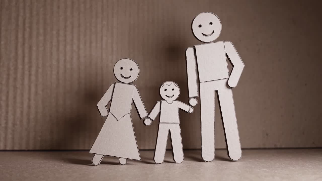 Cardboard family figures standing closely together, depicting strong familial connections through minimalist handmade design on neutral background
