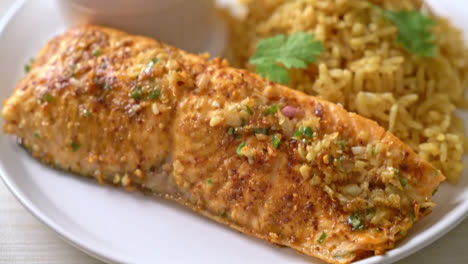 pan seared salmon tandoori with masala rice - muslim food style