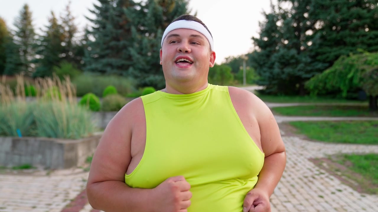 Uomo in sovrappeso che corre con determinazione nel parco