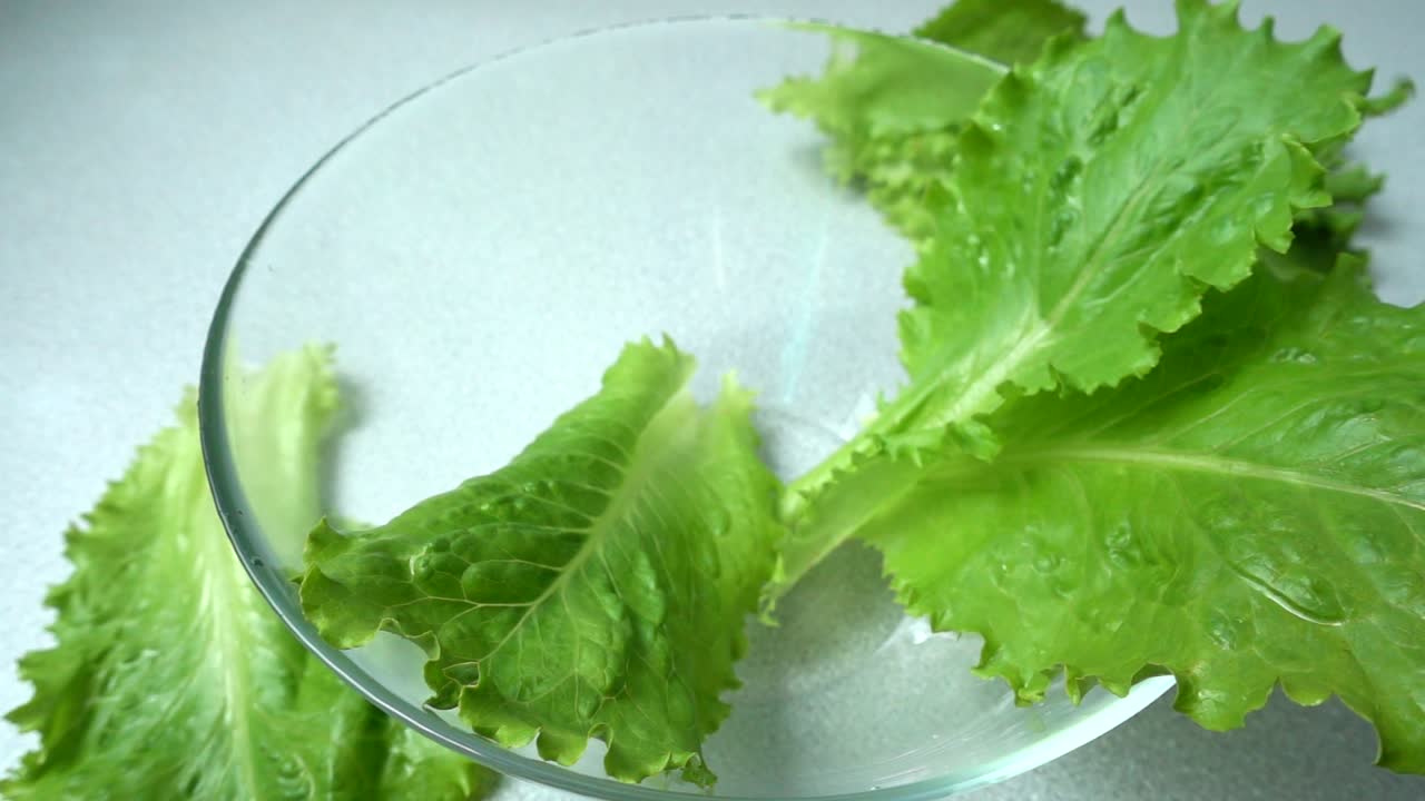 The falling lettuce leaves in a bowl. Slow motion