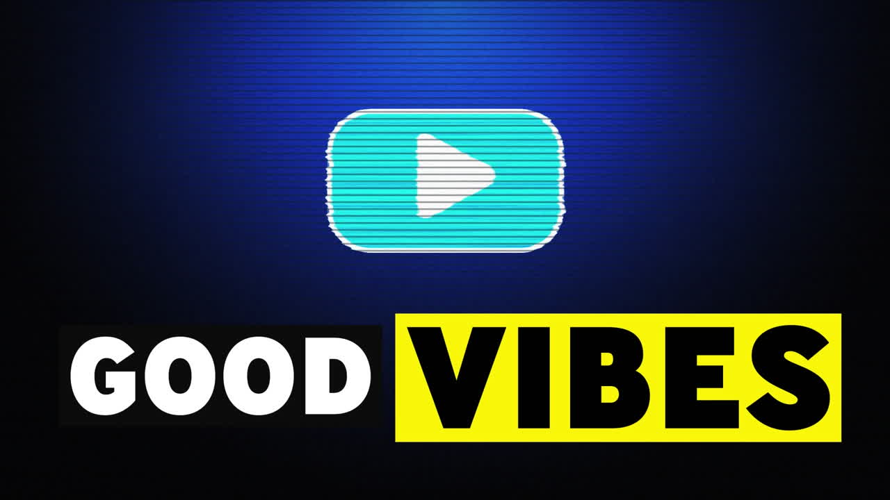 animación de texto de buenas vibraciones con el icono del botón de reproducción en fondo azul