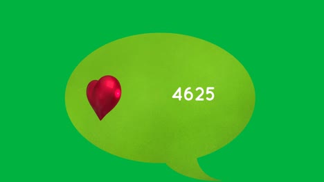 Red-heart-icon-and-increasing-numbers-on-green-speech-bubble-against-green-background