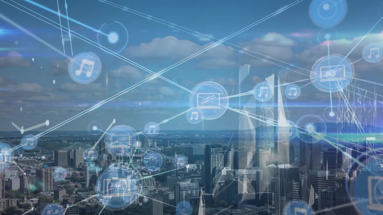 Animazione di una rete di connessioni con icone sul paesaggio cittadino