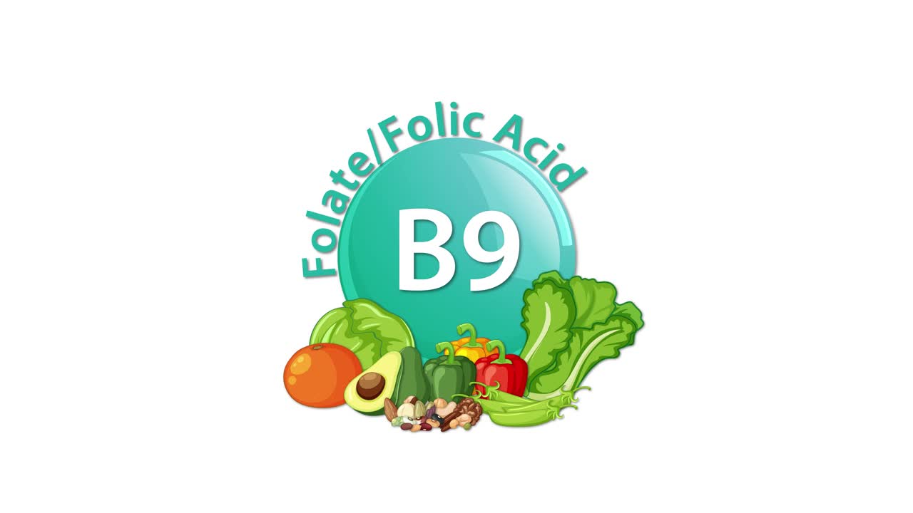 Animated sequence reveals a Vitamin B9 badge, adding folate-rich vegetables and fruits, with smooth transitions and clean, flat design on white background