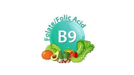 animated sequence reveals a vitamin b9 badge, adding folate-rich vegetables and fruits, with smooth transitions and clean, flat design on white background