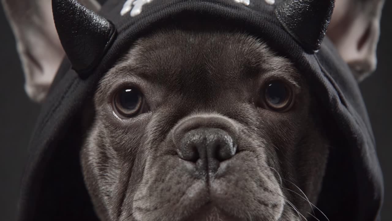 A Fashionable French Bulldog Poses Comically in its Stylish Hoodie with Horns, Showcasing Its Unique Charm and Character Against a Dark Background