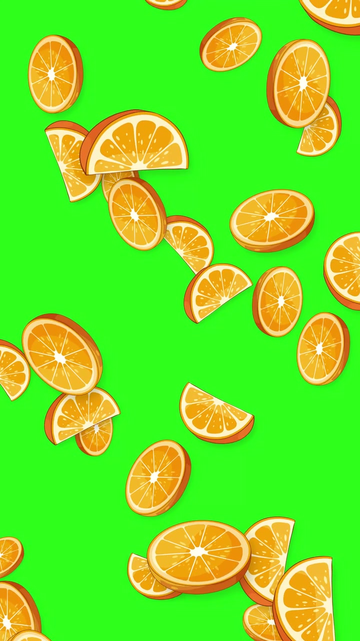 Fette e spicchi animati di agrumi cadono verticalmente su uno sfondo verde brillante.