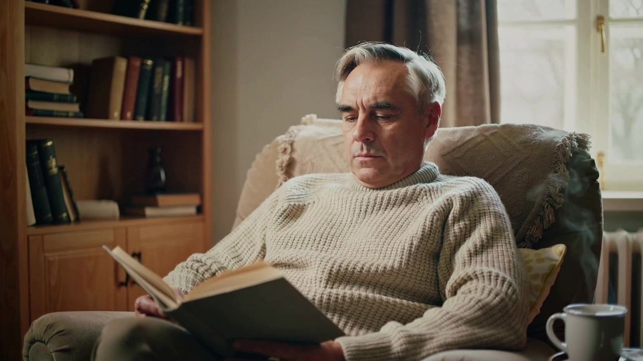 Älterer Mann in cremefarbenem Pullover macht es sich zu Hause im Sessel gemütlich, liest ein gebundenes Buch und blättert Seiten um.