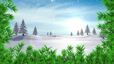 Animation-of-multiple-fir-trees-and-mountains-with-snow-falling-and-fir-tree-branches-surround