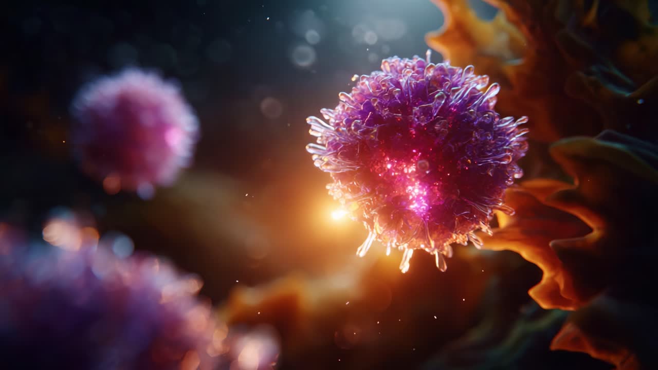 Close-Up View of Vibrant Biological Cells with Glowing Details Surrounded by Organic Structures in a Microscopic Environment